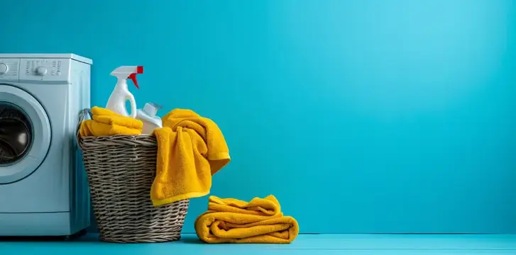 Стирка с желтыми полотенцами и моющими средствами на синем фоне