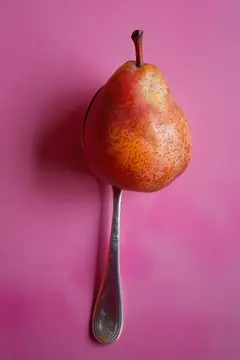 Спелая груша на серебряной ложке на розовом фоне