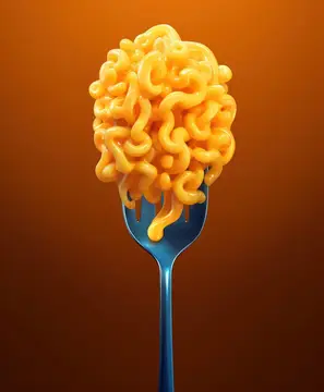 3D-рендер с вилкой и макаронами с сыром