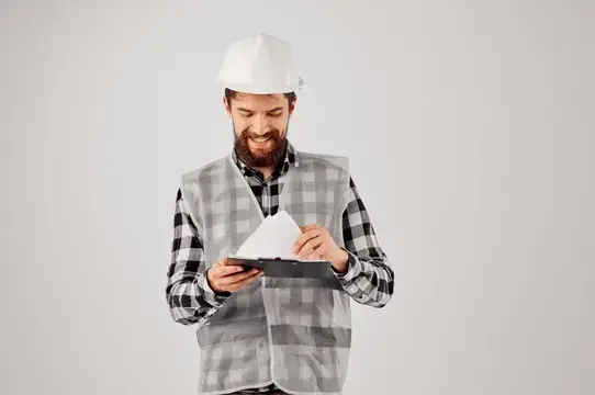 Улыбающийся бородатый мужчина в каске и жилете смотрит в планшет
