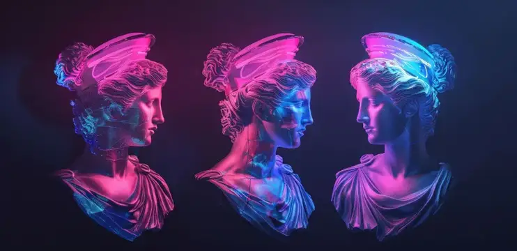 3D-рендер трёх античных бюстов в неоновом свете