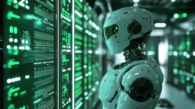 Футуристический робот стоит в высокотехнологичном центре обработки данных, взаимодействуя с зелеными голографическими дисплеями, олицетворяя инновации и искусственный интеллект в современных…