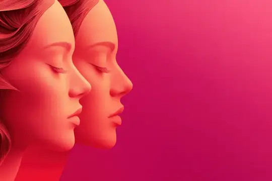 3D-рендер двух женских профилей с закрытыми глазами на розовом фоне