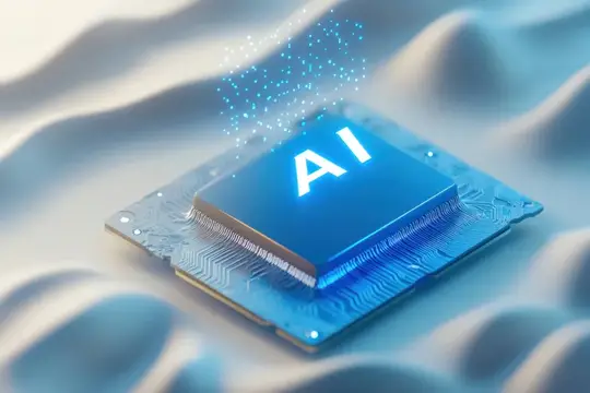 3D-рендер синего чипа с надписью AI на волнистой поверхности