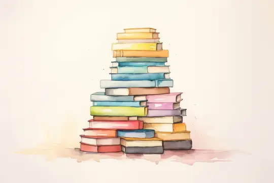 Акварельная иллюстрация высокой стопки разноцветных книг