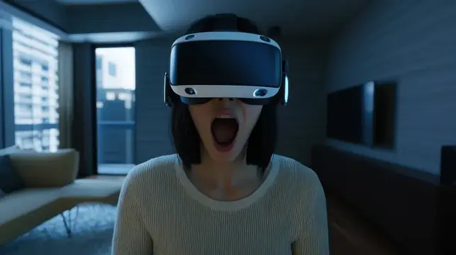 Девушка в VR-очках с открытым ртом в тёмной комнате