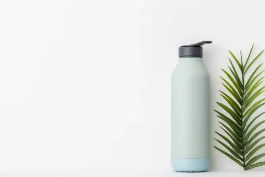 Светло-зеленая бутылка для воды и ветка пальмы на белом фоне