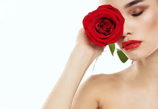 Красная роза у лица девушки с ярким макияжем