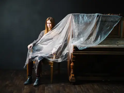 Женщина сидит на стуле рядом с пианино на тёмном фоне из полиэтилена