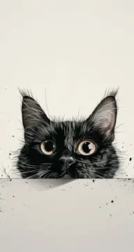 Причудливая иллюстрация черного кота, выглядывающего из-за края, демонстрирующая его большие глаза и игривое выражение на минималистичном фоне