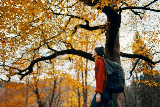 Счастливая девушка в красном свитере и джинсах с рюкзаком гуляет по парку среди деревьев