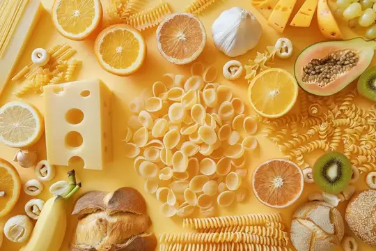 Разные макароны, цитрусы и сыр на жёлтом фоне