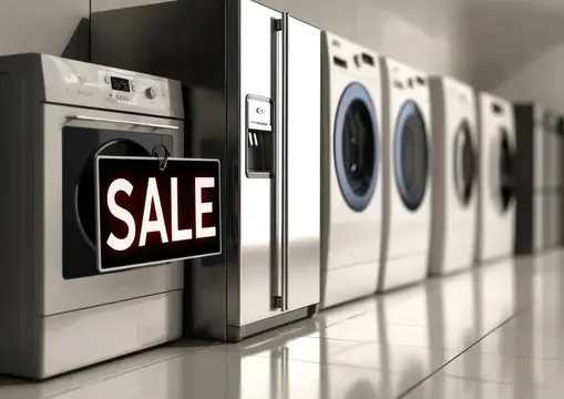 Ряд бытовой техники с табличкой SALE в магазине
