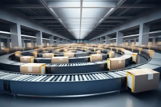3D-рендер длинной ленты конвейера с картонными коробками на складе