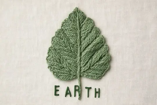Вышитый зеленый лист с надписью Earth на светлой ткани