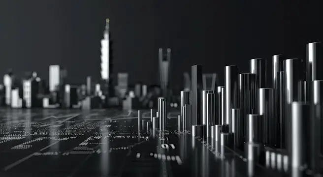3D-рендер ночного города с силуэтами небоскрёбов и столбцами данных