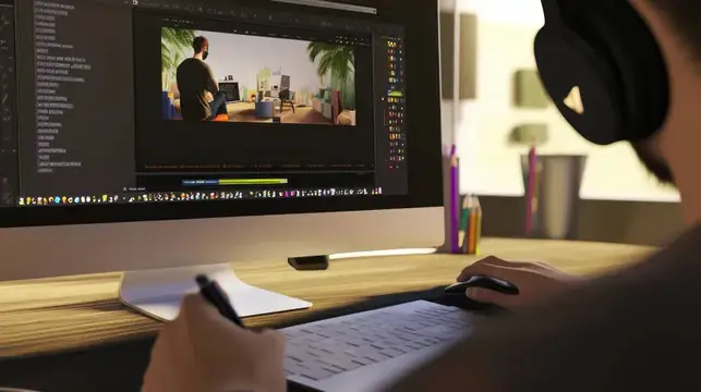 Мужчина в наушниках монтирует видео за компьютером с 3D-сценой