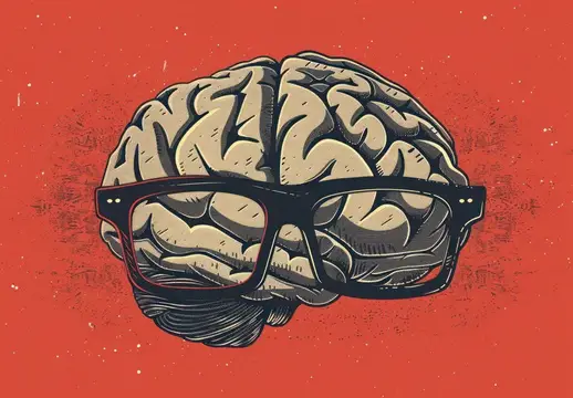 Иллюстрация мозга в очках на красном фоне