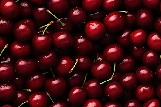 Спелые темно-красные черешни с черешками крупным планом