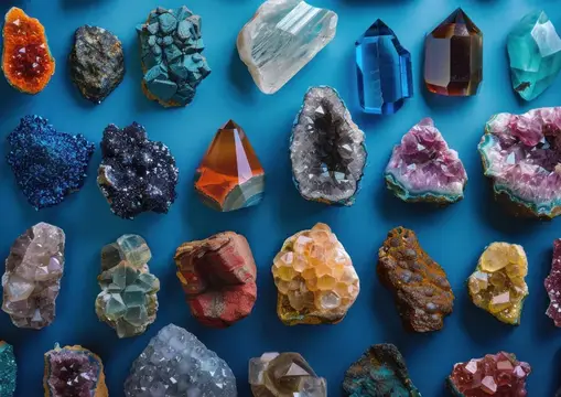 Композиция из разнообразных драгоценных камней и кристаллов, демонстрирующая различные цвета и формы на голубой поверхности