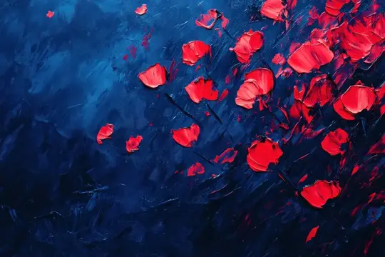 Абстрактная картина с алыми маками на тёмно-синем фоне