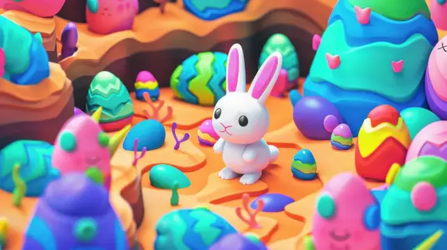 3D-иллюстрация белого кролика среди разноцветных пасхальных яиц