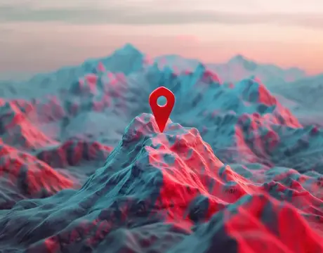 3D-рендер заснеженных гор с красным геометком на вершине