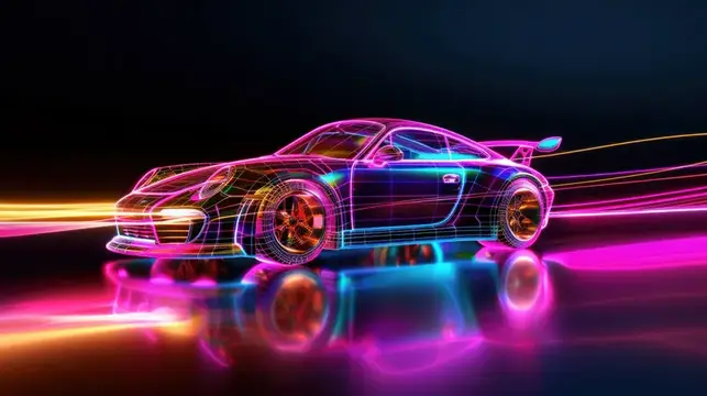 Неоновый 3D-рендер спортивного автомобиля с сетчатым контуром