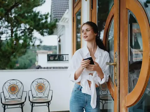Молодая женщина со смартфоном стоит у деревянной двери на террасе
