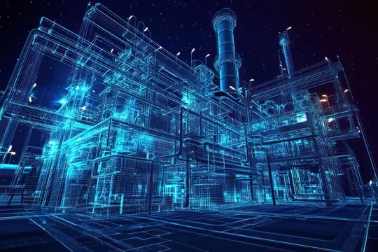 3D-рендер светящегося завода с трубой на фоне ночного неба