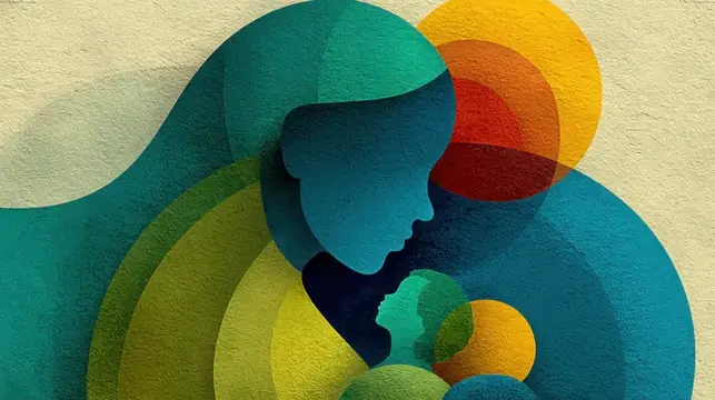 Абстрактная иллюстрация с профилями матери и ребёнка в тёплых цветах