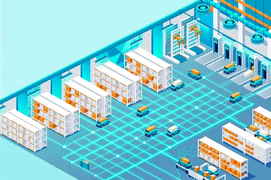 3D-рендер автоматизированного склада с роботами-погрузчиками
