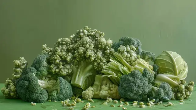 Яркая коллекция зеленых овощей, включающая брокколи, цветную капусту и капусту, демонстрирующая свежесть и разнообразие на мягком зеленом фоне