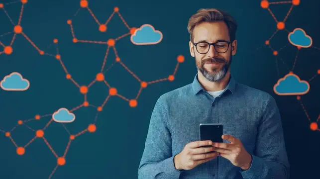 Мужчина в очках со смартфоном на фоне облачных технологий
