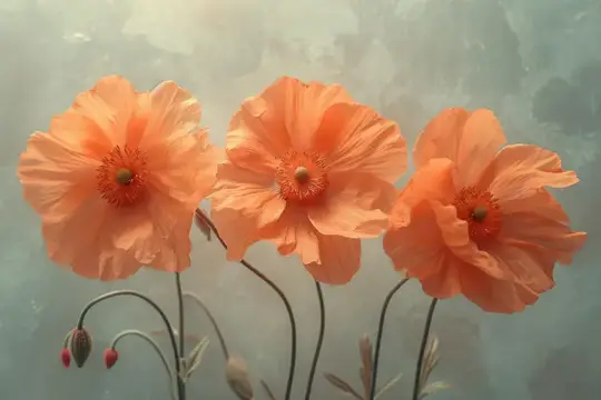 Три нежных оранжевых мака на фоне размытой зелени