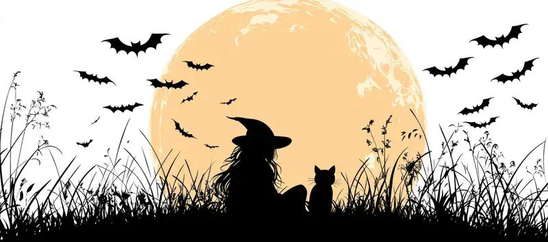 Силуэт ведьмы с кошкой на фоне полной луны и летучих мышей