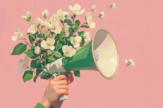 Иллюстрация с рупором, из которого растут белые цветы, на розовом фоне