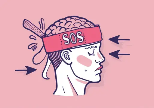 Иллюстрация головы с открытым мозгом и повязкой SOS под давлением