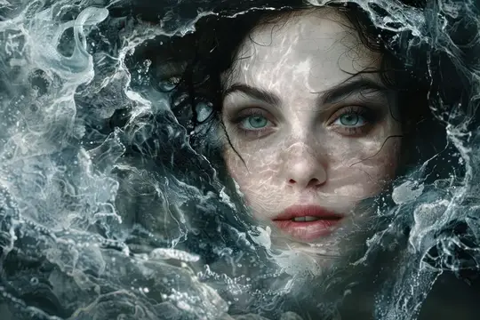 Бледное лицо девушки с зелёными глазами сквозь бурлящую воду
