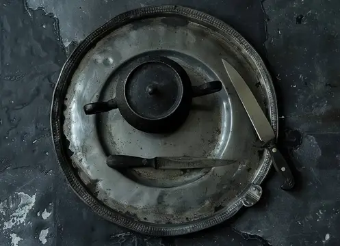 Композиция из деревенской кухонной утвари на темной фактурной поверхности, включающая старый горшок, нож и винтажный поднос, вызывающая кулинарную ностальгию