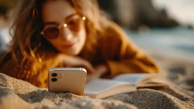 Девушка в солнцезащитных очках лежит на песке с телефоном и книгой