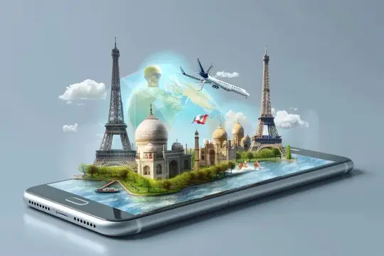 3D-рендер смартфона с миниатюрными мировыми достопримечательностями и самолётом