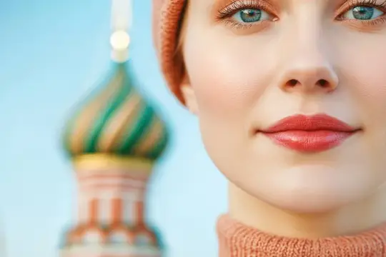 Портрет голубоглазой девушки в шапке на фоне храма