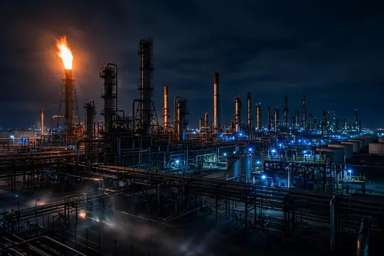 Ночной нефтеперерабатывающий завод с факелом и огнями