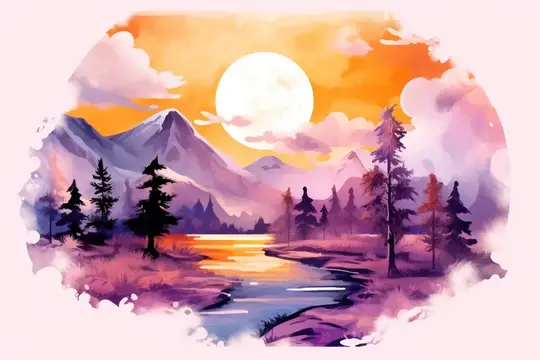 Фон озера, закат, фон, деревья, лес, летний вид, вода, горы, река, природа, солнце, иллюстрация, путешествие, синий, пейзаж, небо, искусство