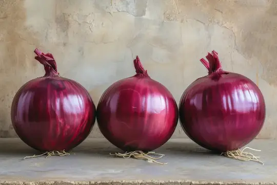 Три крупные красные луковицы в ряд на сером фоне