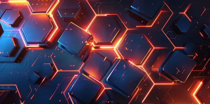3D-рендер футуристической поверхности из темных шестиугольников с оранжевой подсветкой