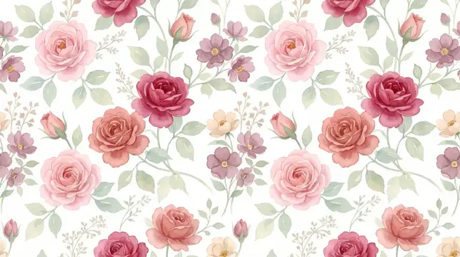 Прозрачное акварельное поле роз с розовыми цветами, бутонами, листьями и веточками-наполнителями, расположенными встык, для романтической упаковки, свадебных канцелярских принадлежностей и…