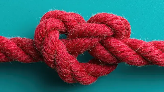 Красная пеньковая верёвка с морским узлом на бирюзовом фоне