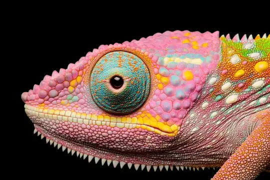 3D-рендер головы хамелеона с яркой радужной чешуёй на чёрном фоне